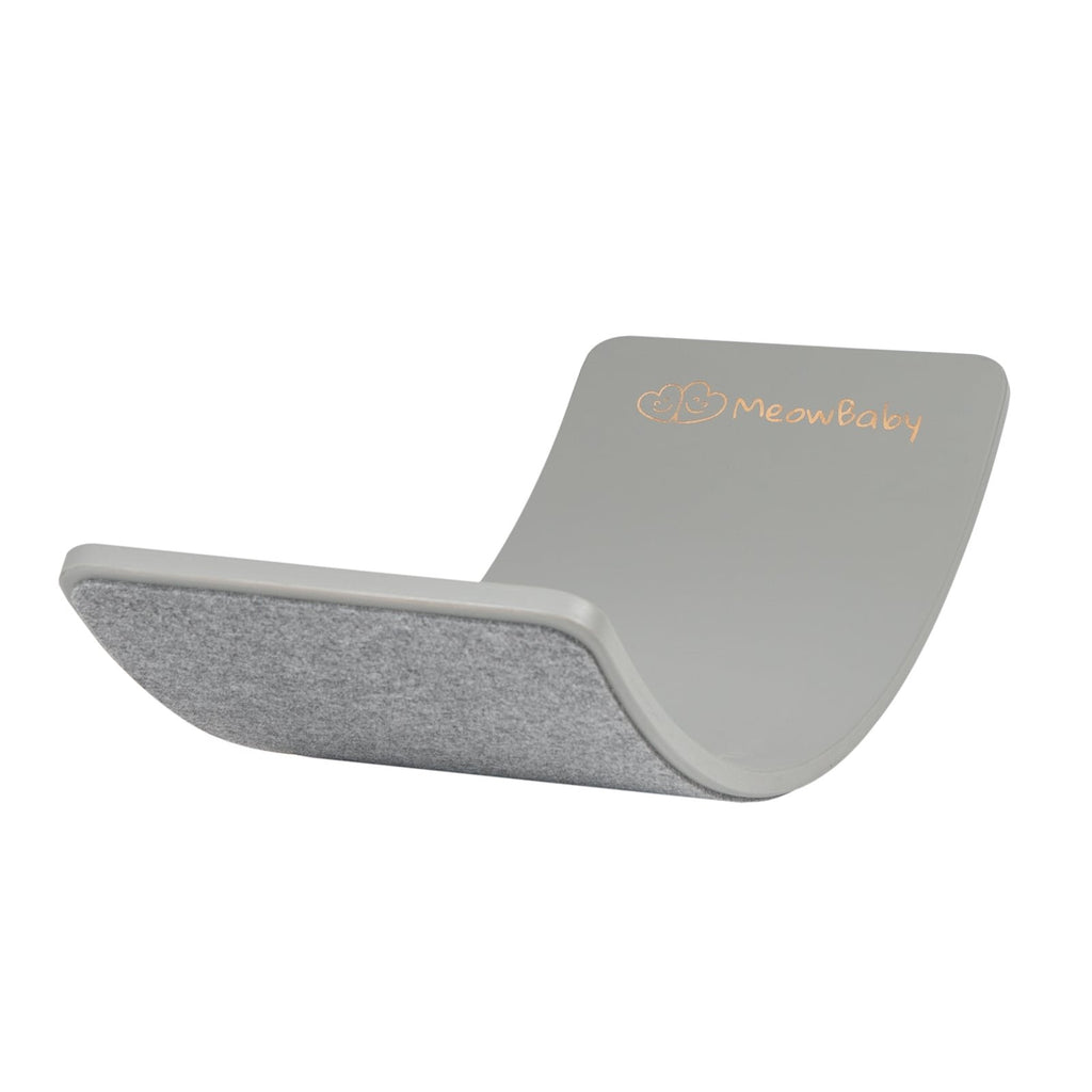 2. Grey balance board with matching felt underside, featuring MeowBaby logo, shown in studio setting