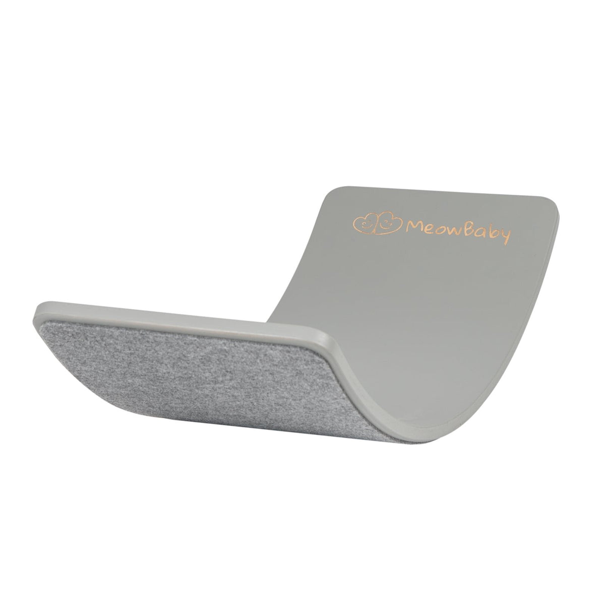 2. Grey balance board with matching felt underside, featuring MeowBaby logo, shown in studio setting