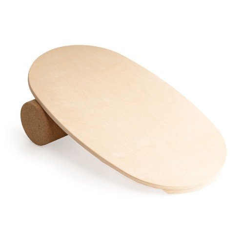 2. Studio shot of round wooden balance board with cork roller on white background