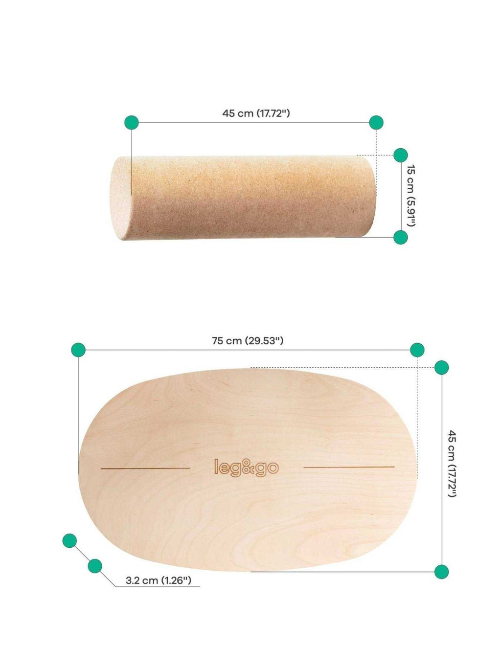 5. Size chart for leg&go balance board and roller showing dimensions in centimeters