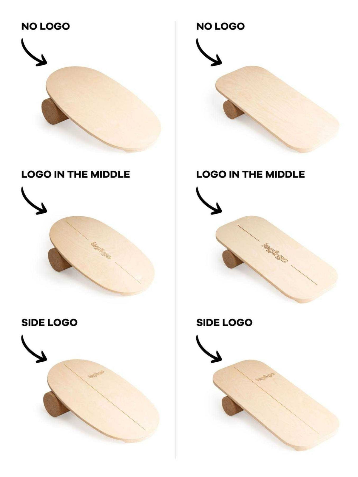 5. Size chart for balance boards showing logo placement options and no logo versions