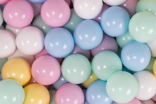 1. Assortment of MeowBaby ball pit balls in pastel pink, blue, mint, yellow, and white, showcasing shiny and flexible surface suitable for children's play and sensory integration therapy.