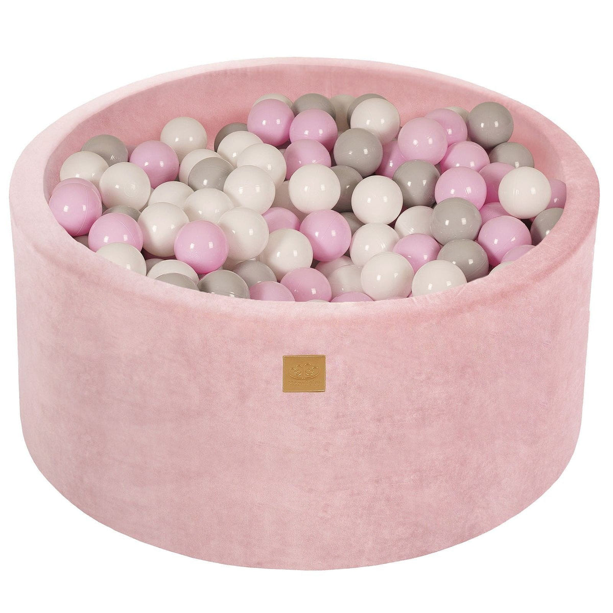 1. Light pink velvet ball pit filled with pink, white, and grey balls, designed for children's play and sensory development, featuring a soft, anti-allergic foam structure by MeowBaby.