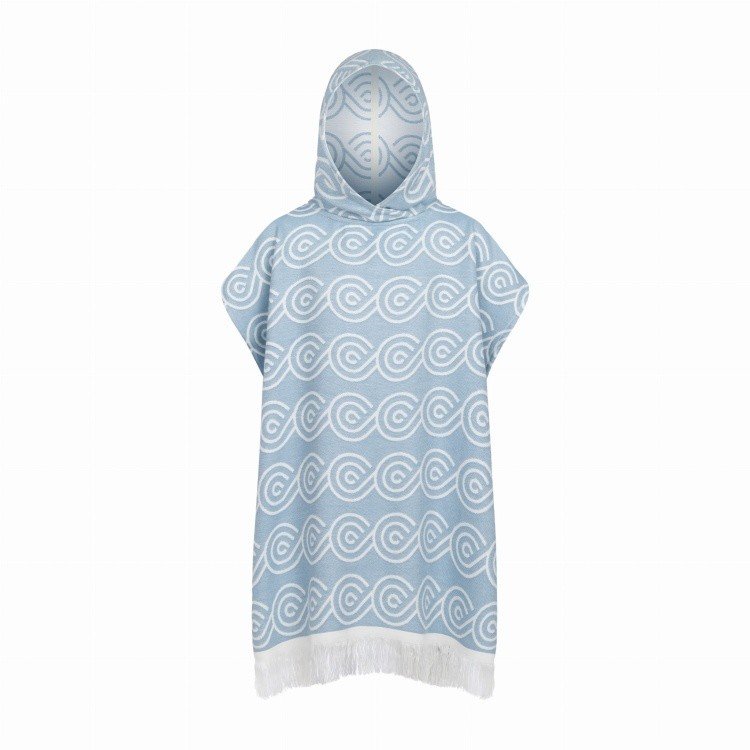 6. Studio product shot of light blue Patulove bamboo bath poncho with white swirl pattern and fringe hem
