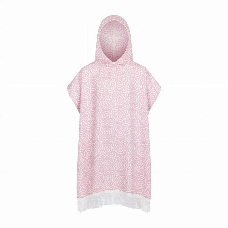 6. Studio shot of Patulove rose bamboo bath poncho with hood and fringe detail, shown on white background