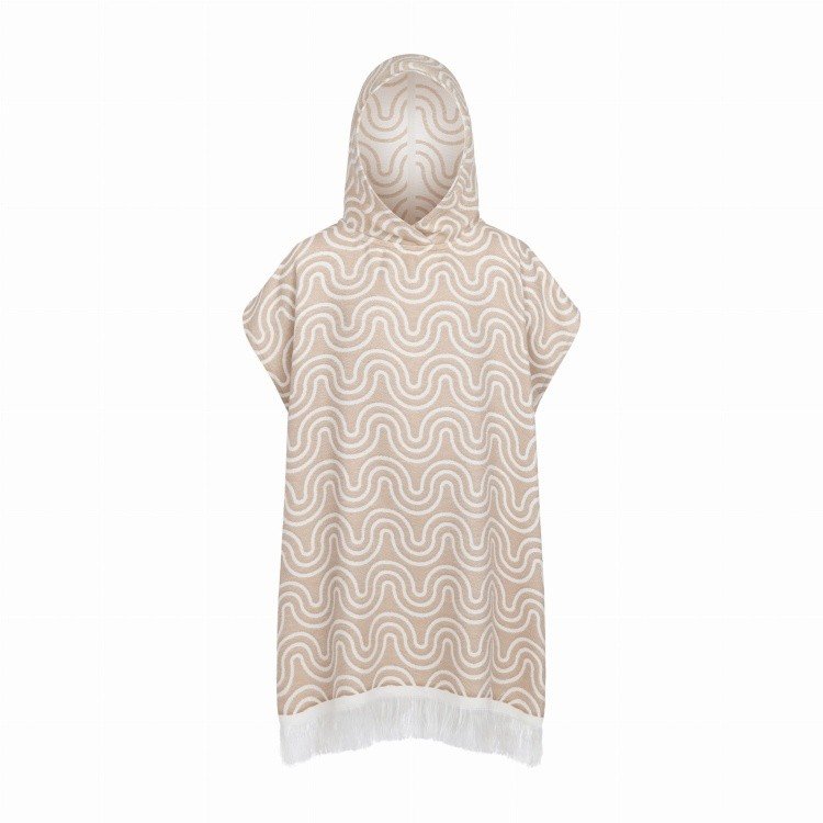 2. Sand-colored bamboo kids bath poncho with wave pattern and hood displayed on white background