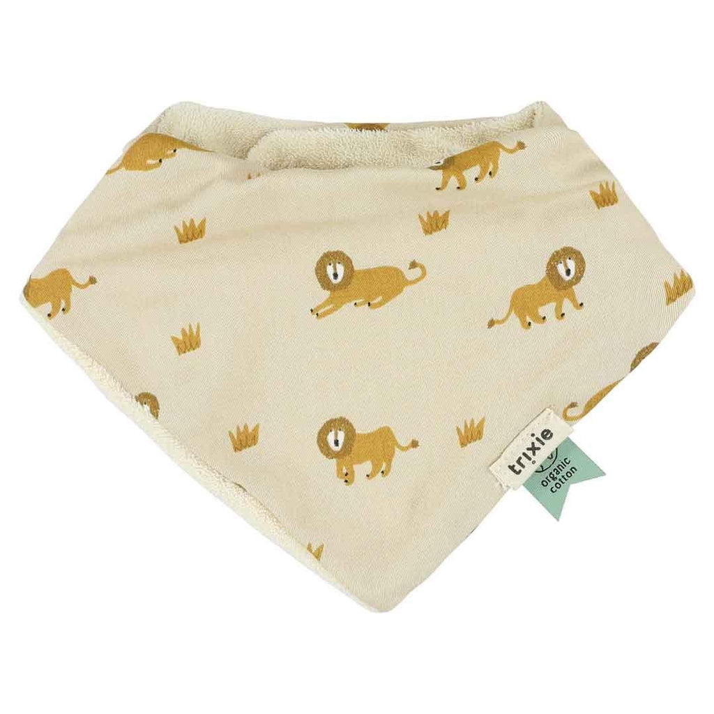 4. Lively lion print bandana bib with beige background, made from organic cotton muslin by Trixie Baby