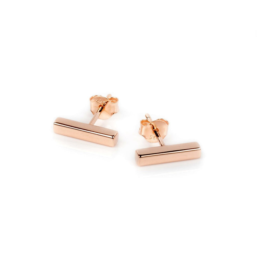 2. Pair of MyaMoon rose gold plated bar earrings on white background, highlighting sleek and simple style