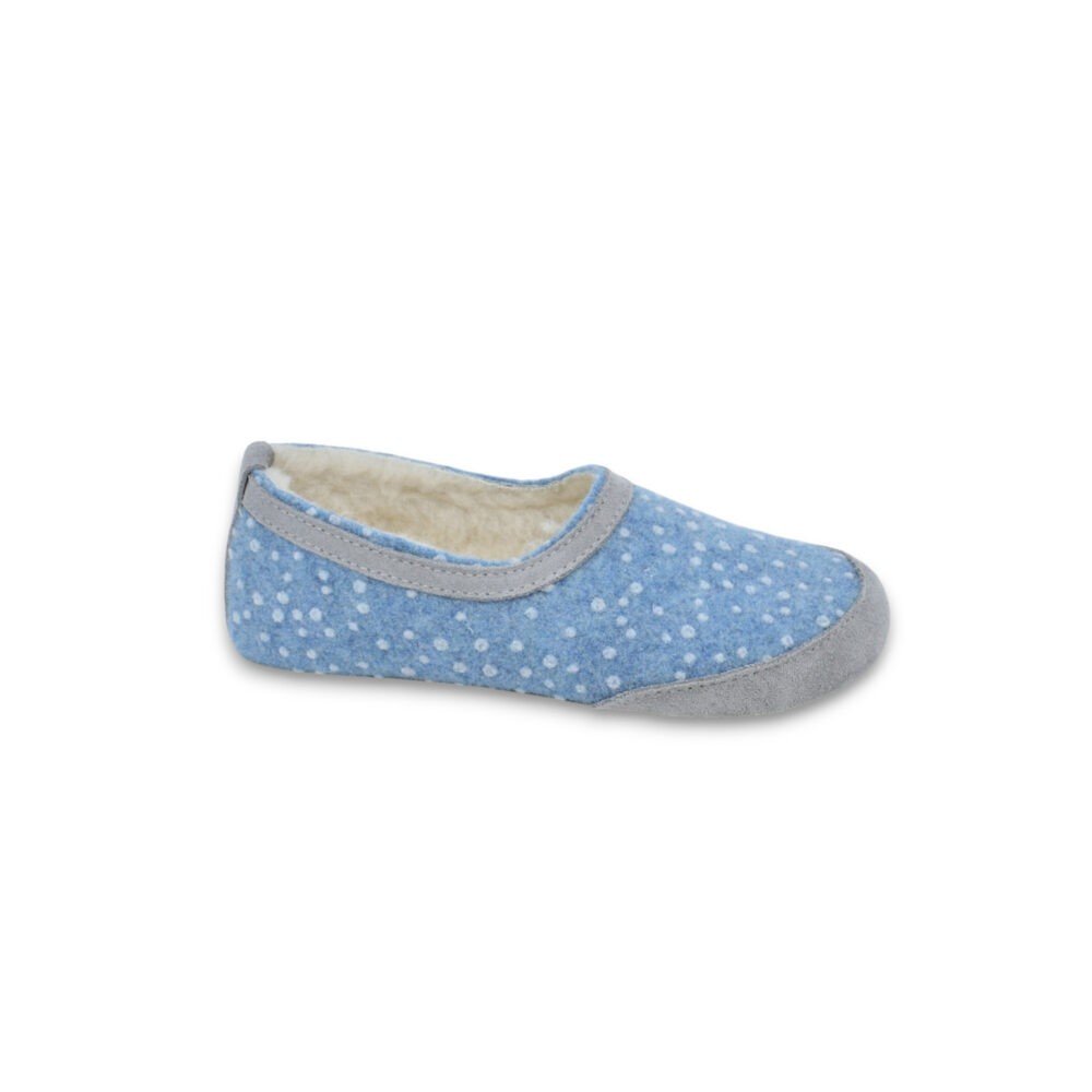 2. Single blue felt slipper with white dots and grey trim, shown in studio setting