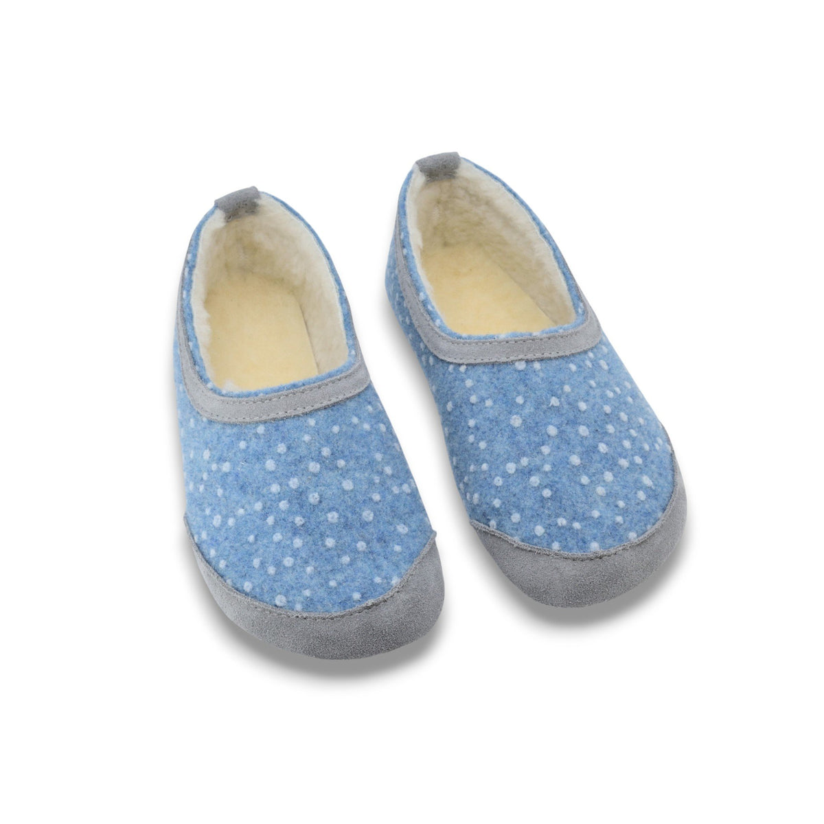 2. Pair of blue felt slippers with white dots and grey trim, shown from above in studio setting