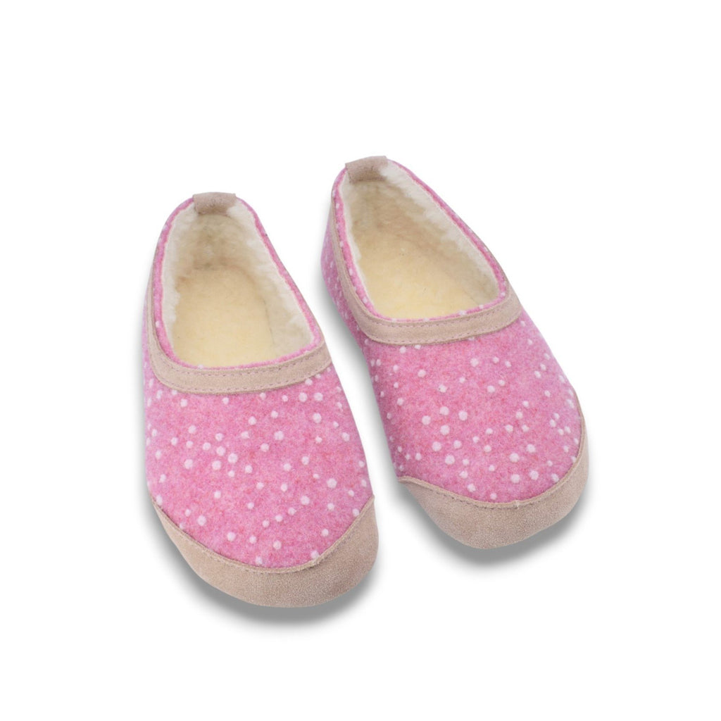 2. Pair of kids' pink felt slippers with white dots and beige trim, shown from above on white background