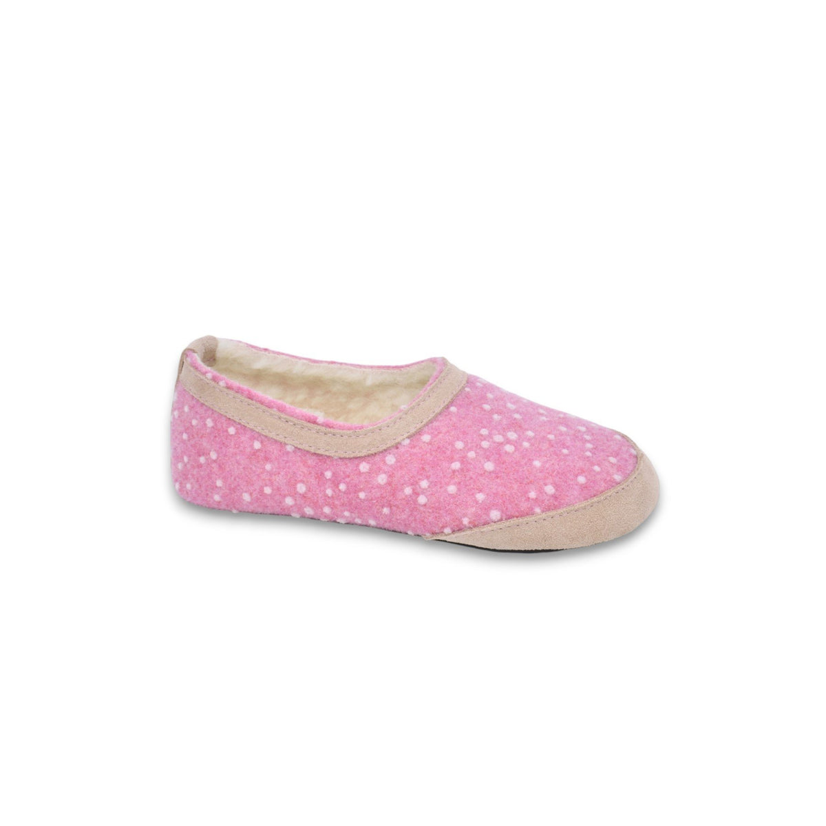2. Kids' pink felt slippers with white dots and beige trim, shown in side view on white background
