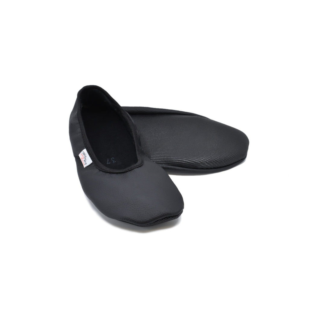 2. Studio shot of black leather barefoot slippers by Hip-Hop, showing top and sole