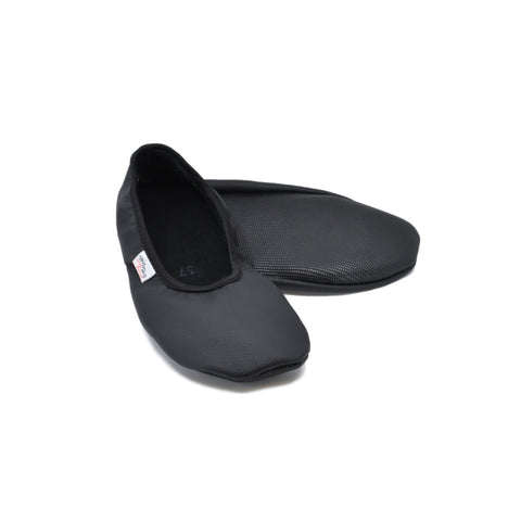 2. Studio shot of black leather barefoot slippers by Hip-Hop, showing top and sole