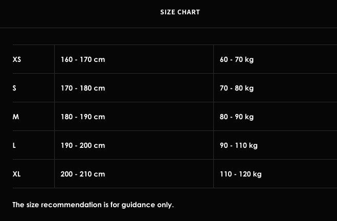 5. Size chart for men's sweat shorts showing height and weight recommendations for sizes XS to XL