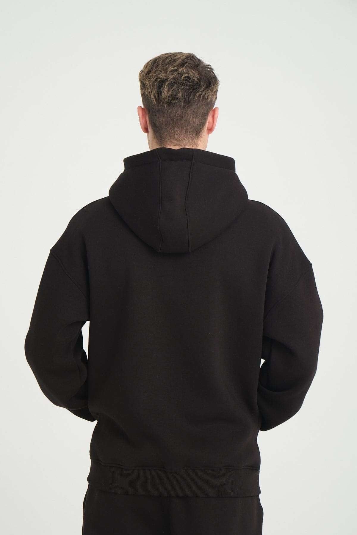 3. Back close-up of black DalerClo heavyweight zipper hoodie, showing hood and shoulder detail