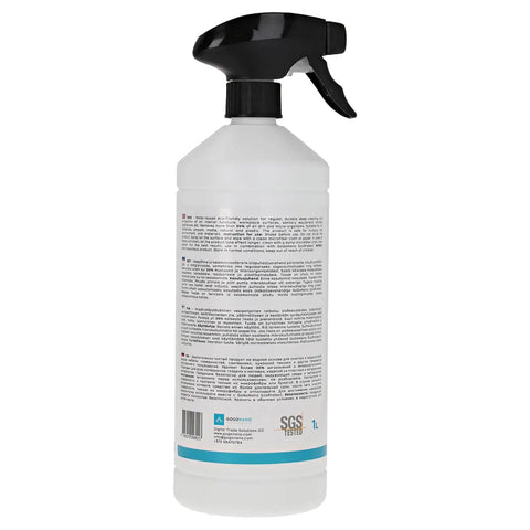 3. Back view of GoGoNano EcoClean 1L bottle with detailed product information and black spray nozzle