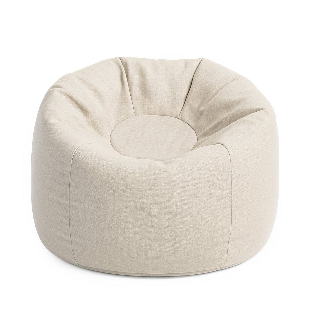 1. Blush beige bean bag with soft polystyrene filling and water-resistant fabric, featuring a minimalist design and organic shape, suitable for indoor and outdoor use