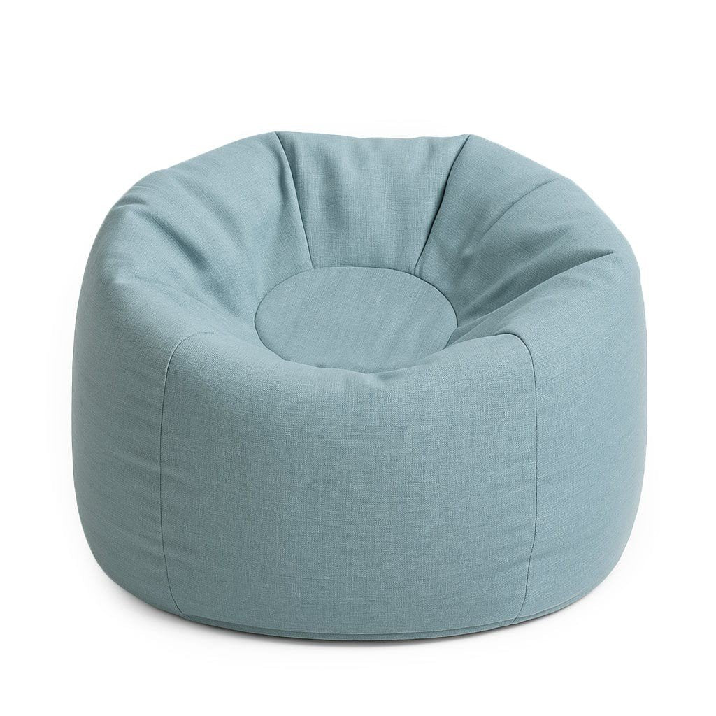 1. Sky blue bean bag with soft polystyrene filling and water-resistant fabric, shown in a studio setting