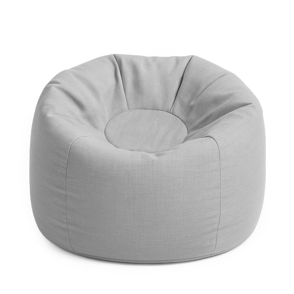 1. Fog gray bean bag with soft polystyrene filling and water-resistant fabric, shown in a studio setting
