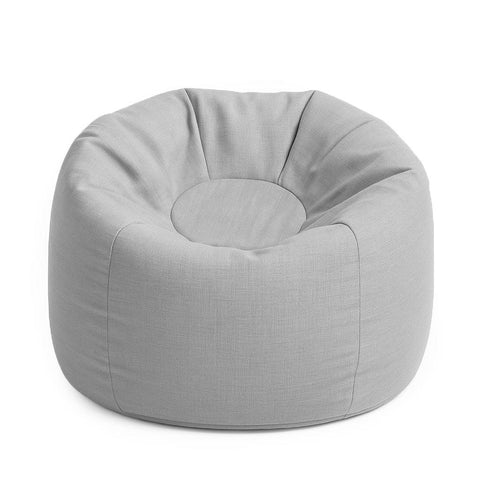 1. Fog gray bean bag with soft polystyrene filling and water-resistant fabric, shown in a studio setting