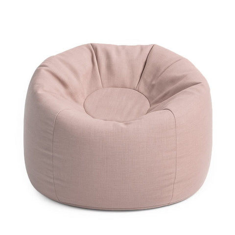 1. Rosy pink bean bag with soft polystyrene filling and water-resistant fabric, featuring a modern, organic shape suitable for indoor and outdoor use