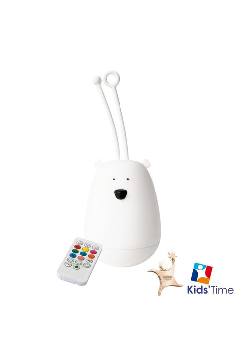 2. White bear-shaped night light with remote control and Kids' Time award logo on a white background