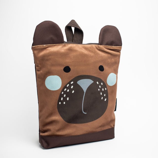 9. Close-up of Muni bear backpack showing detailed bear face design and velvet fabric