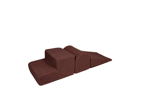 2. Brown corduroy children's playset with three modular elements on a white background, designed for creative play and easy cleaning with removable covers