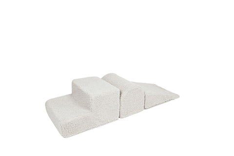 2. Cream corduroy children's playset with three modular elements on white background, featuring steps and ramp design for creative play