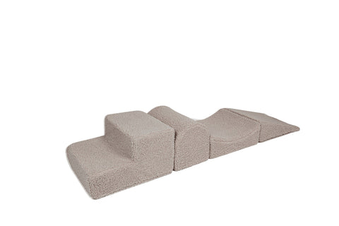 2. Light grey corduroy children's playset with four modular elements on a white background, designed for creative play and development, featuring removable, washable covers by MeowBaby.