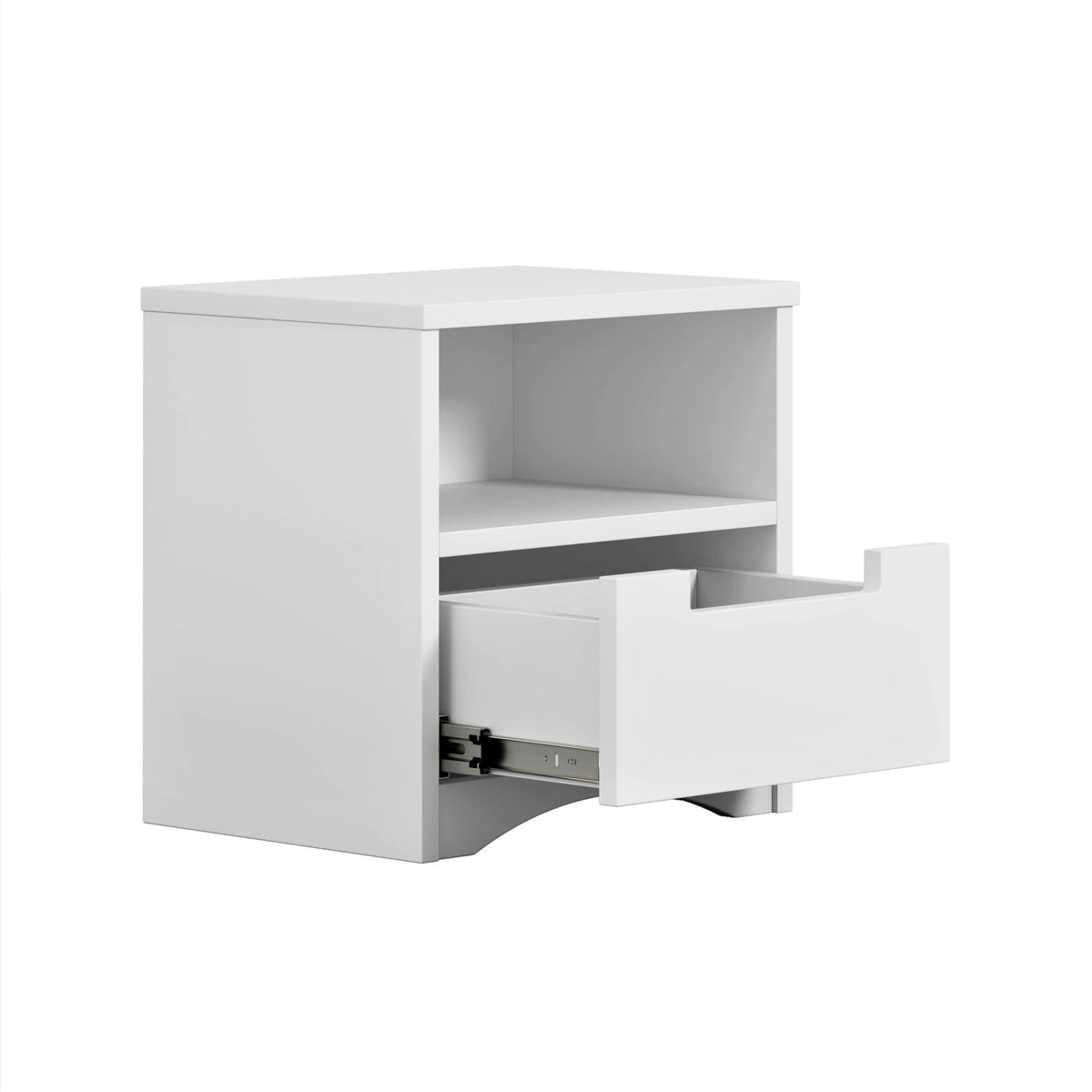 2. White bedside table with open drawer, showing ball bearing slides, on a clean background