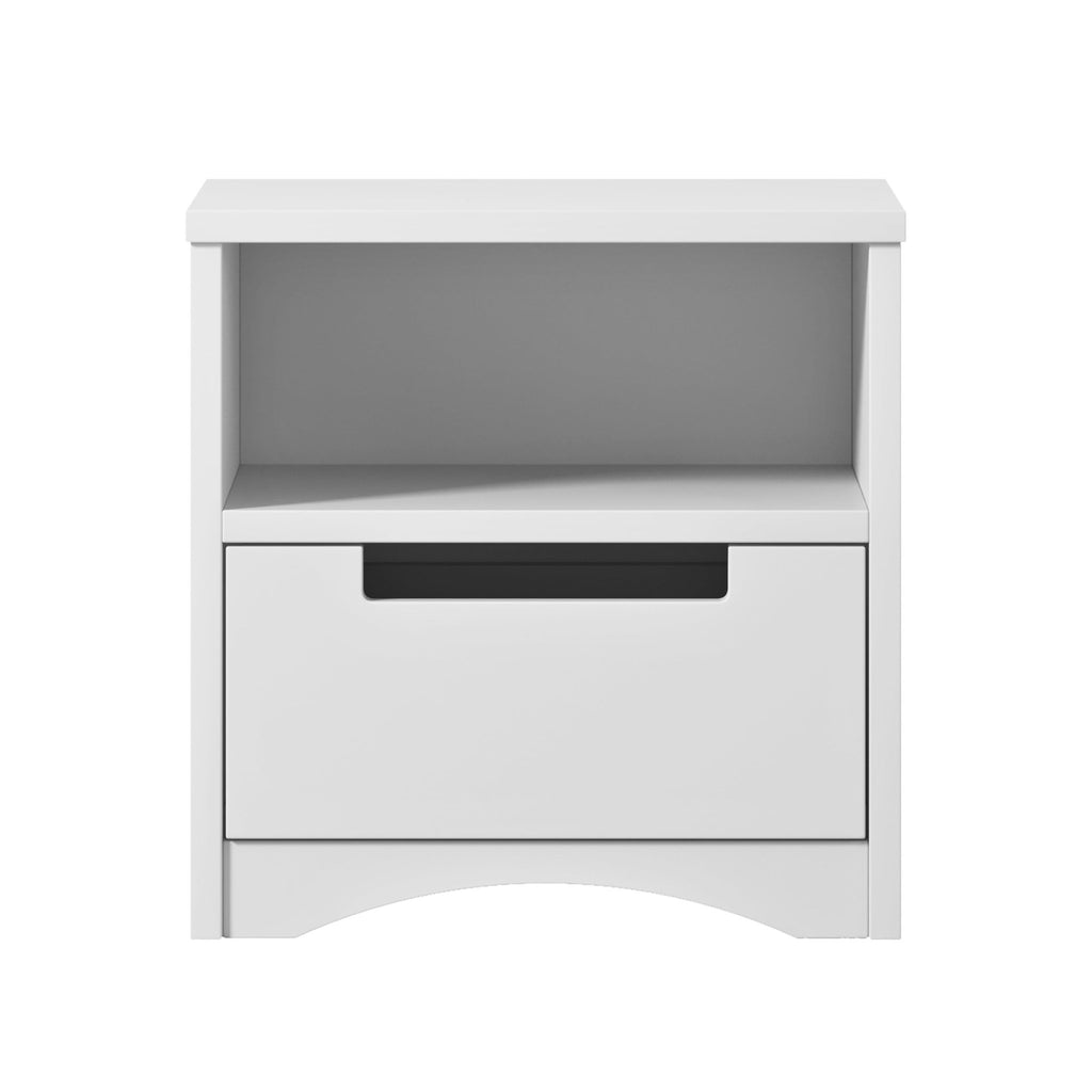 1. White Kocot Kids bedside table with open shelf and drawer, shown in a child's room setting with matching furniture
