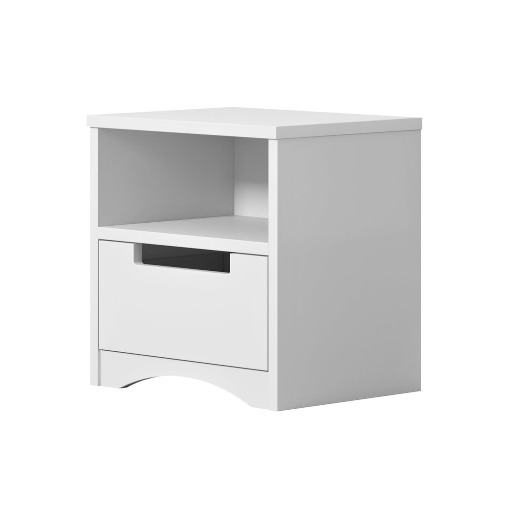 2. White bedside table with open shelf and drawer, angled view on a plain background