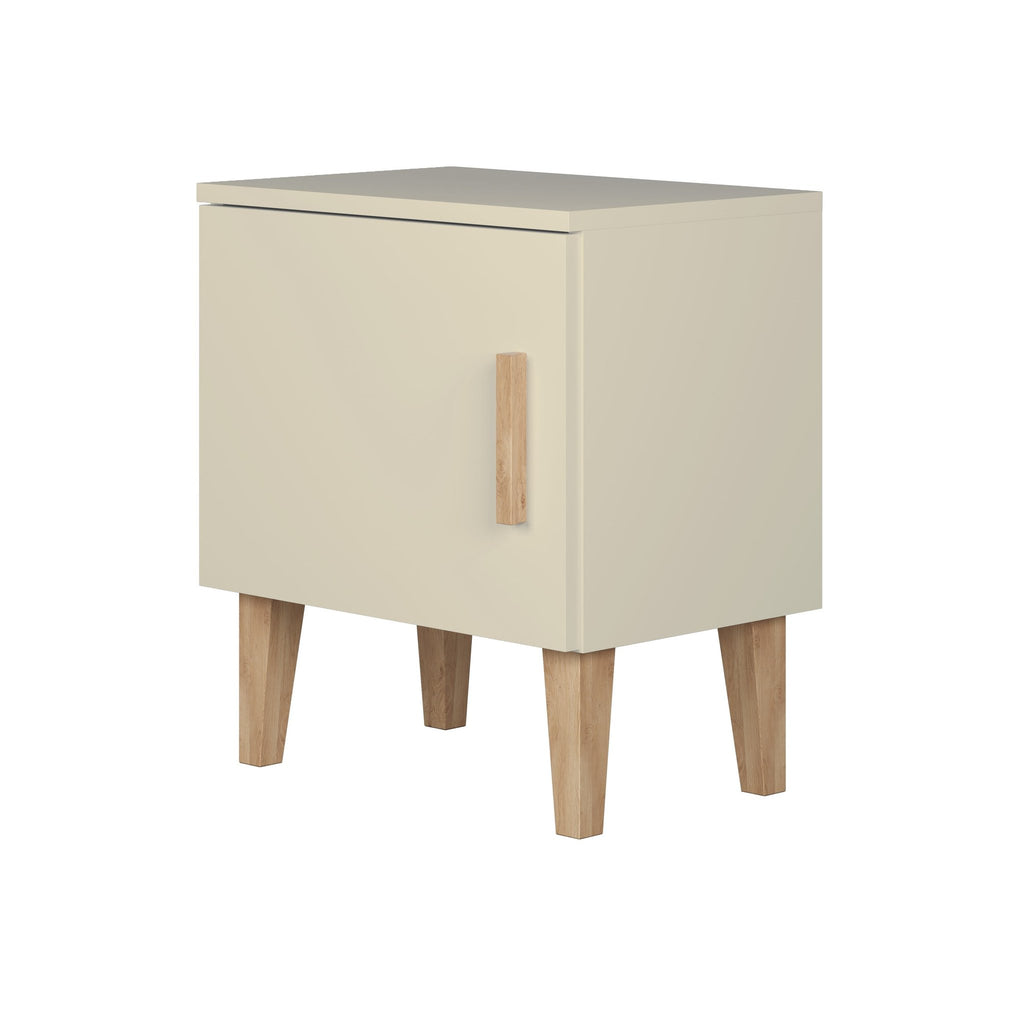 3. Angled view of Kubi cashmere bedside table showing solid oak legs and minimalist design