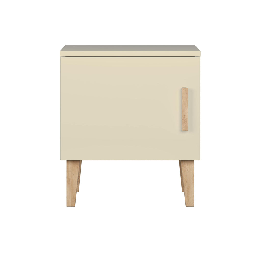 2. Front view of Kubi cashmere bedside table with solid oak legs and handle-free design