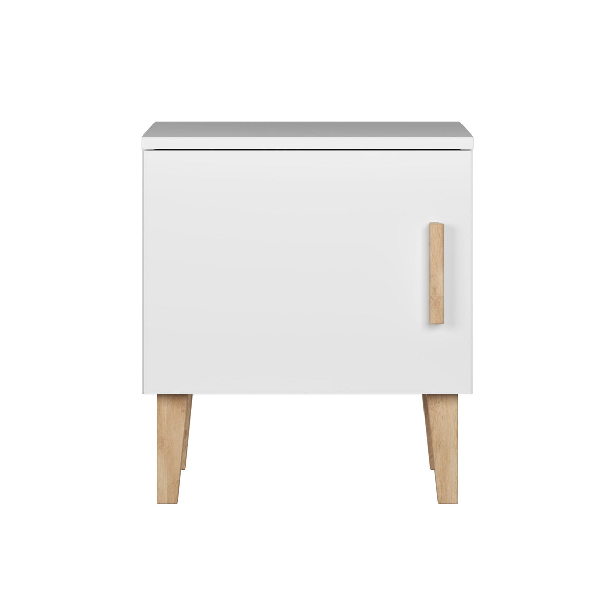2. Front view of Kocot Kids Kubi white bedside table with solid oak legs and handle-free design in studio setting