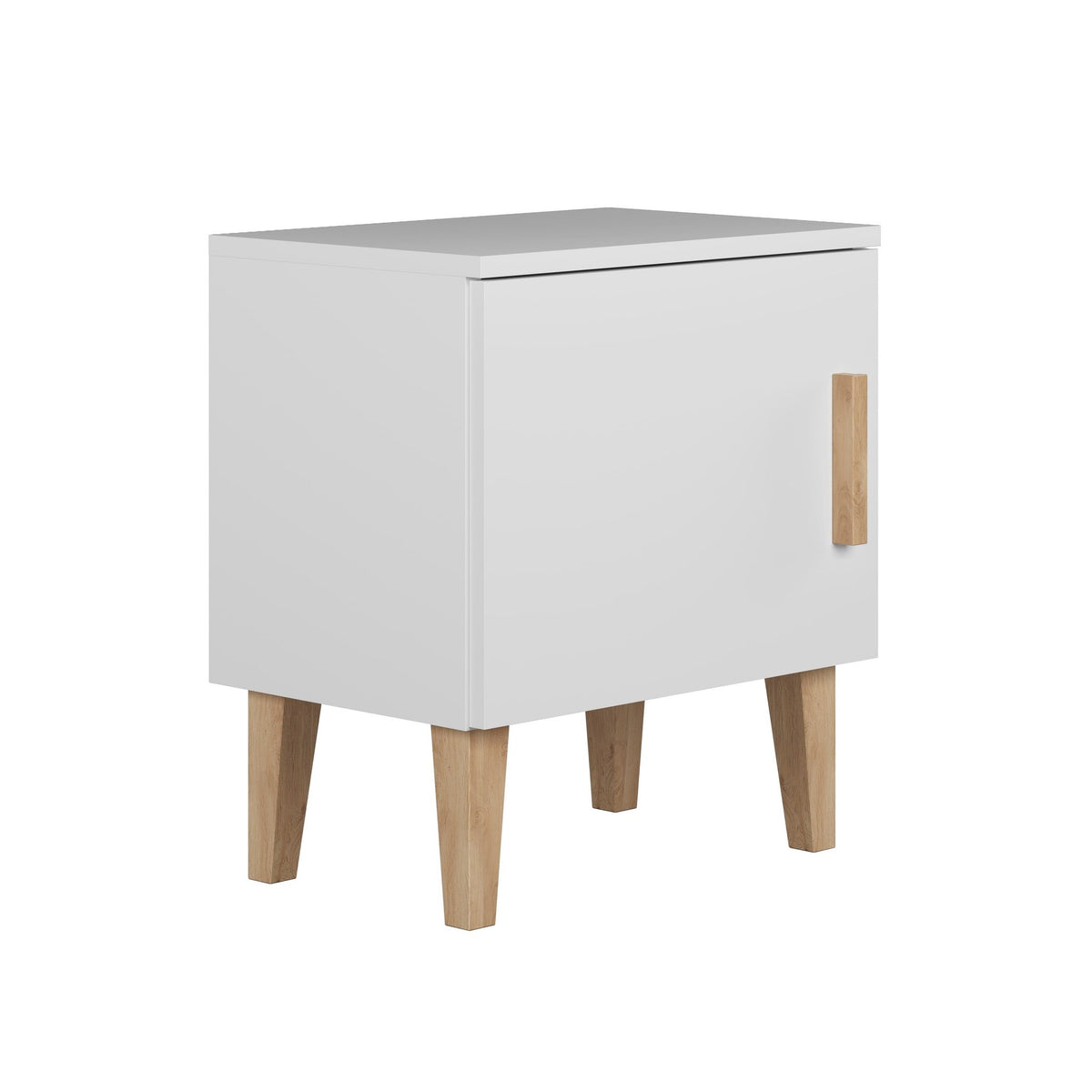 2. Side view of Kocot Kids Kubi white bedside table with solid oak legs and minimalist design