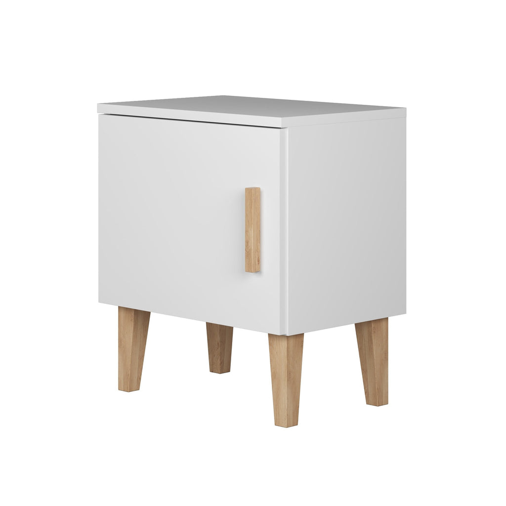 2. Angled view of Kocot Kids Kubi white bedside table with oak legs and push-to-open mechanism