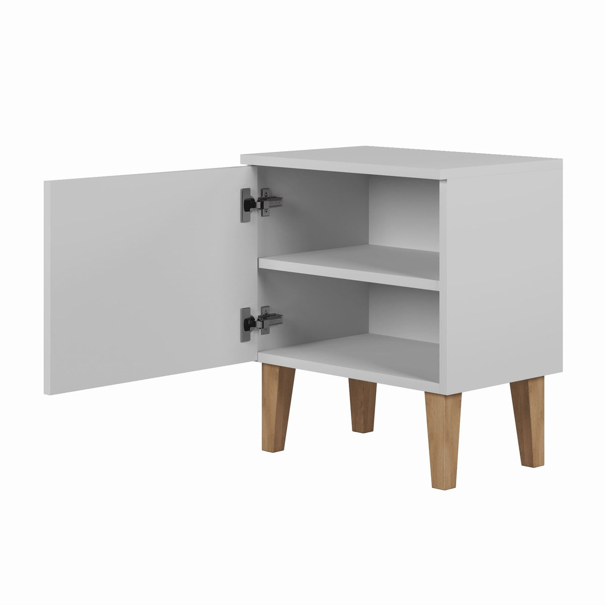 3. Open view of Kocot Kids Kubi white bedside table showing internal shelf and storage space