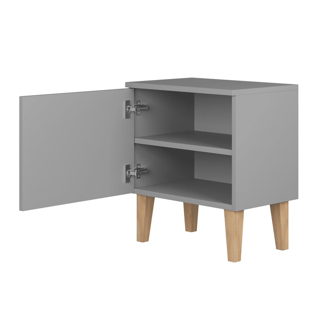 3. Open grey bedside table showing internal shelf and solid oak legs