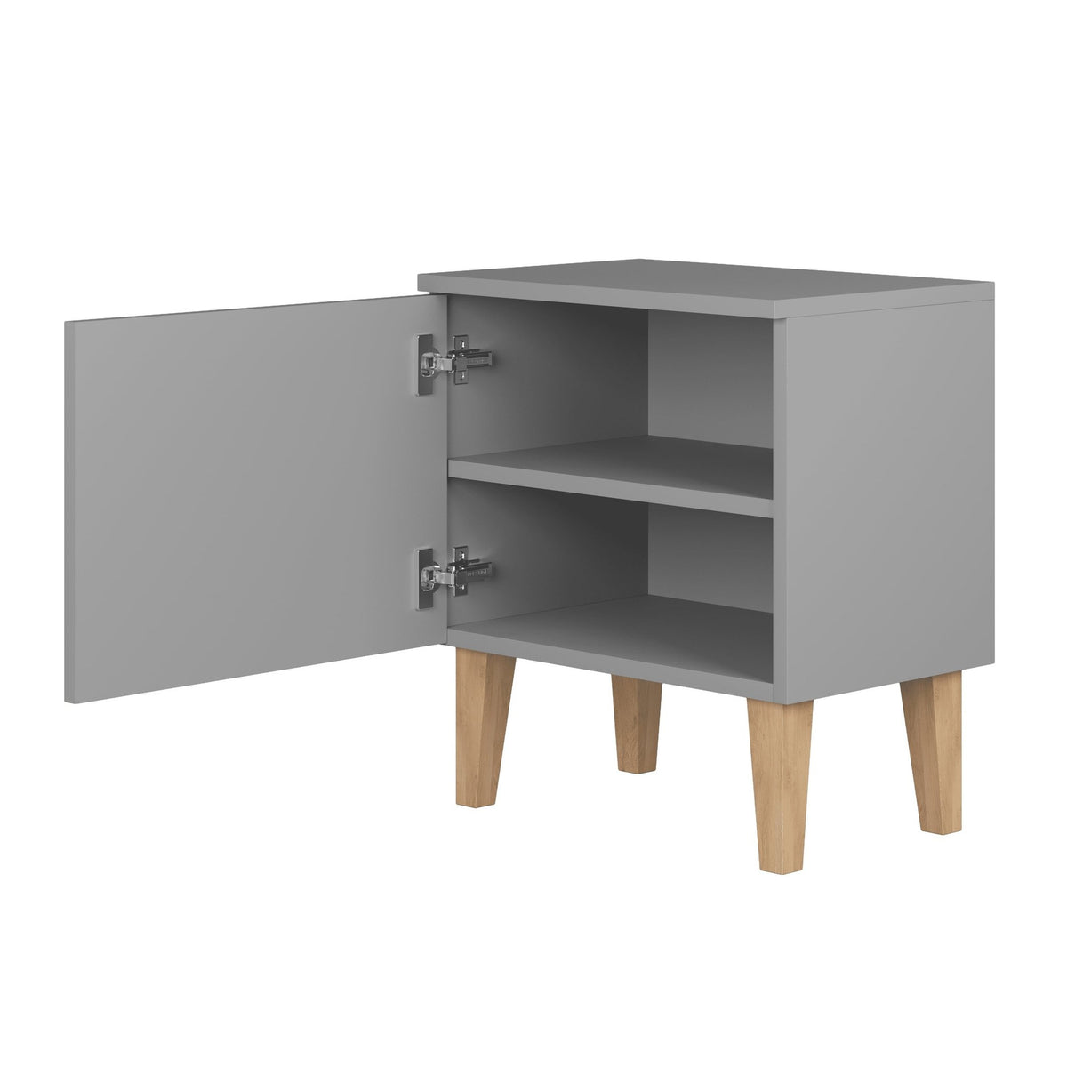 3. Open grey bedside table showing internal shelf and solid oak legs