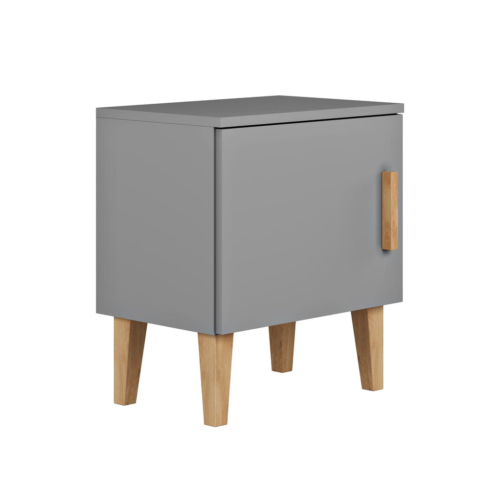 2. Grey bedside table with solid oak legs and handle, shown from side in studio setting