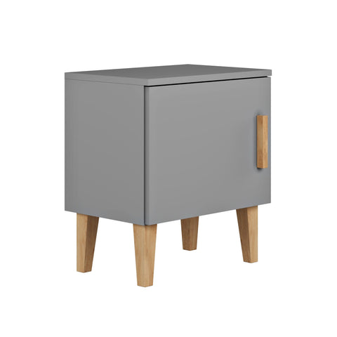 2. Grey bedside table with solid oak legs and handle, shown from side in studio setting