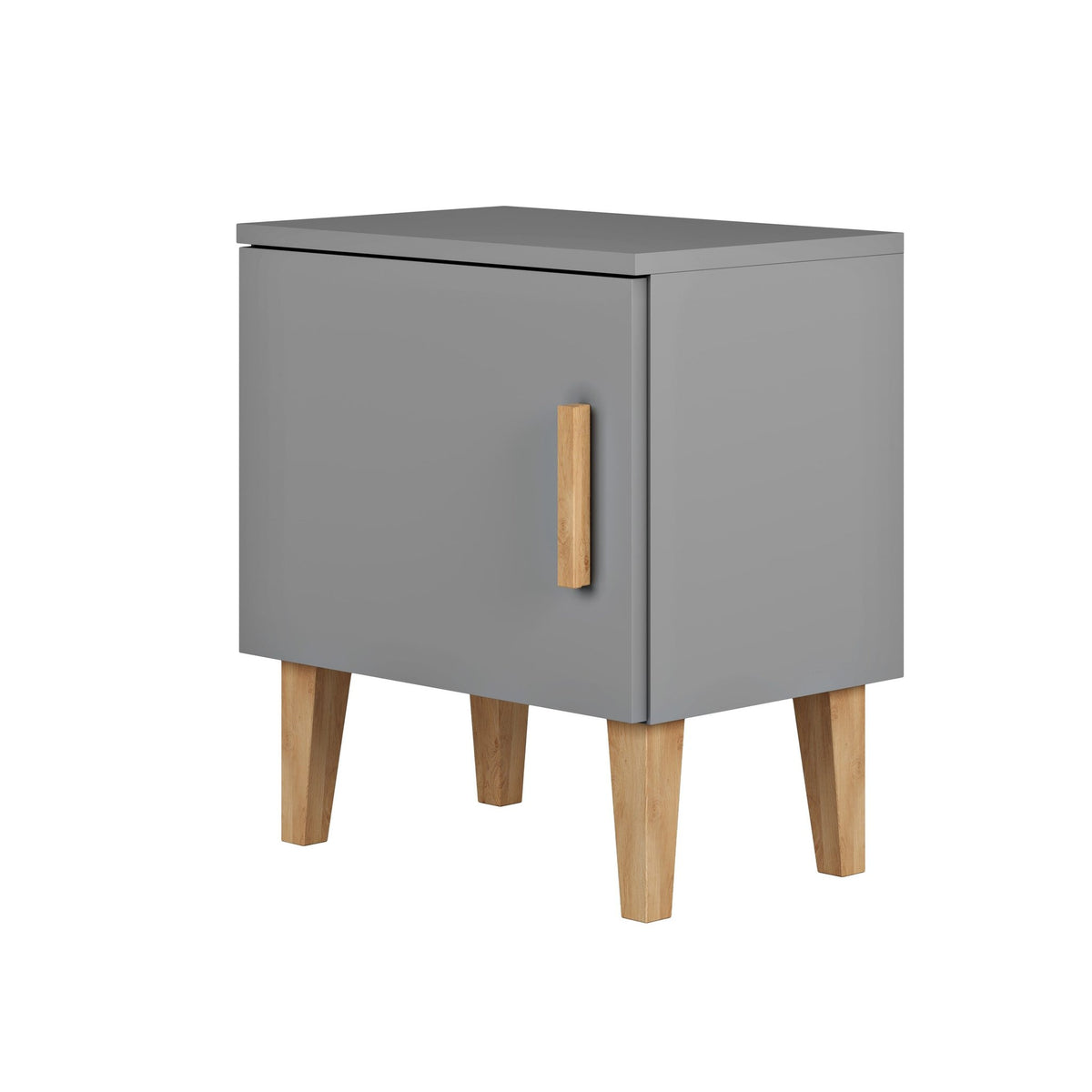 2. Grey bedside table with solid oak legs and handle, shown from angled side view in studio setting