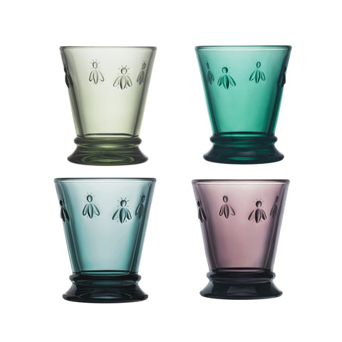 1. Set of four La Rochère Bee Water Glasses in eggplant, emerald, green, and blue, each adorned with Napoleonic bee motif
