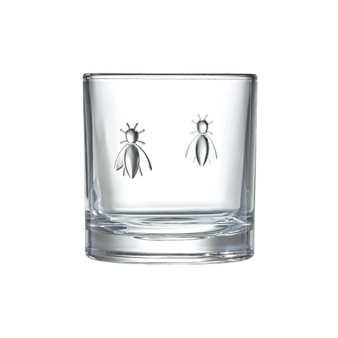 3. Close-up of a single La Rochère Bee Whiskey Glass with embossed bee design, highlighting the intricate detail and transparent glass material