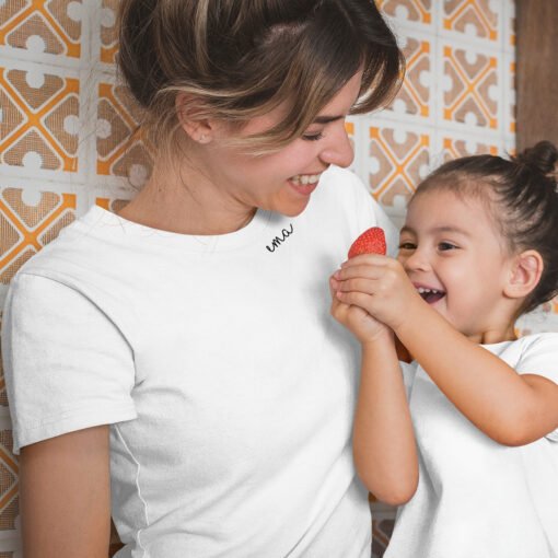 8. Close-up of pink embroidered collar on organic cotton t-shirt with 'ema' text