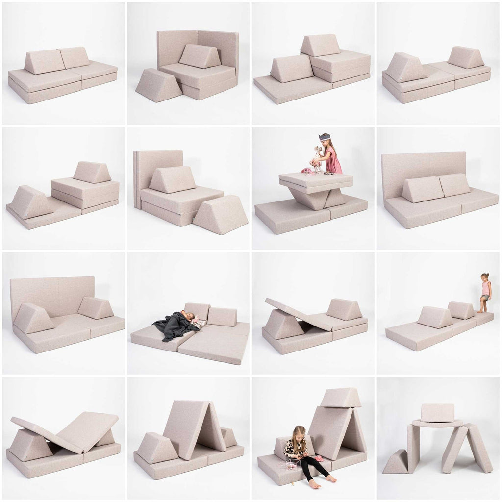 8. Various configurations of beige Monboxy play mattress set shown in a grid layout
