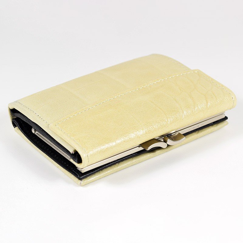16. Studio image of cream Papillon women's leather wallet, highlighting elegant design and compact size